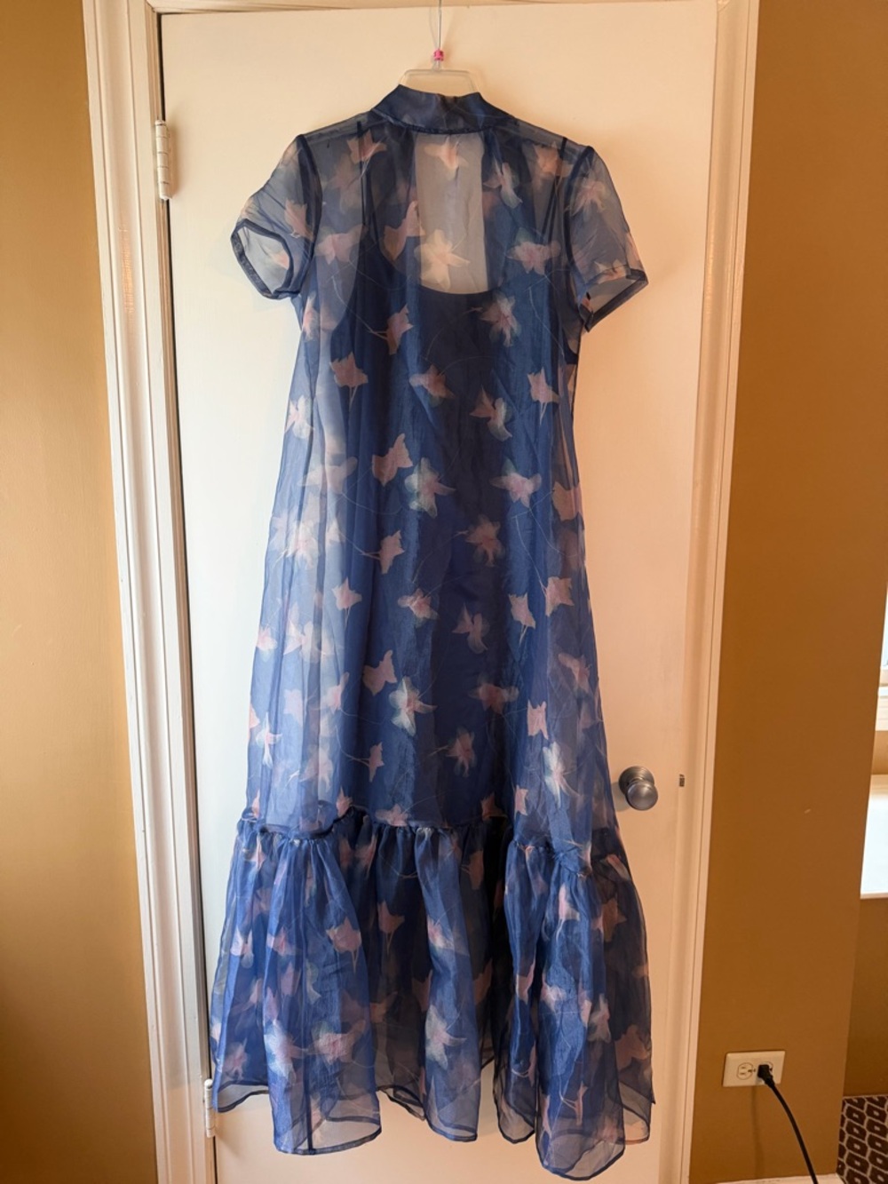 STAUD Blue Sheer Floral Overlay Midi Dress